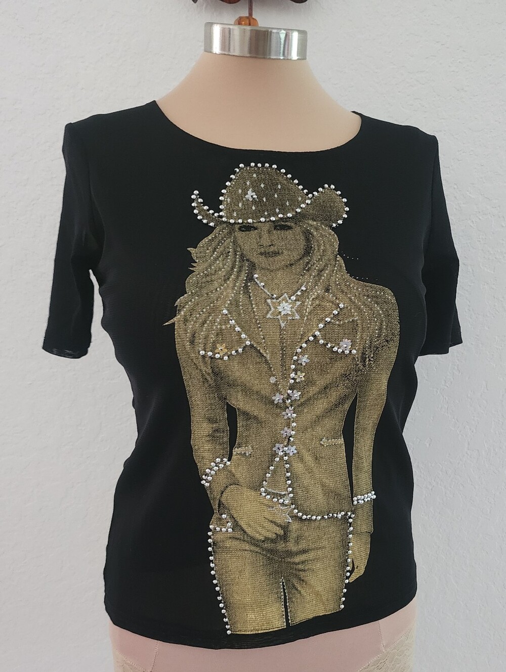 FOX FIRE | Black Tee with Gold Rhinestone Cowgirl Graphic